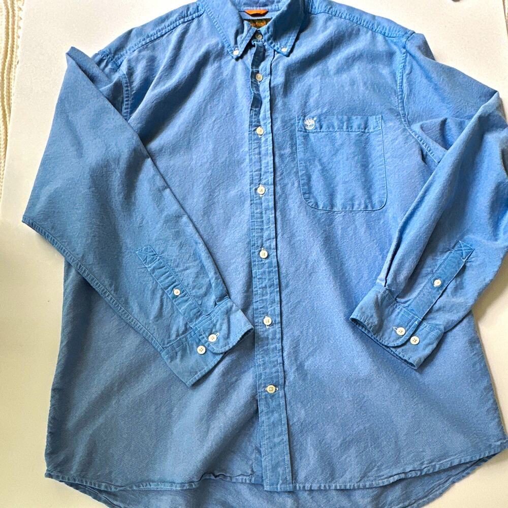 Timberland Mens XL Blue Solid Woven Cotton Button Down Logo Pocket Shirt